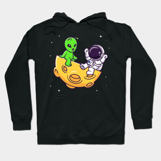 Cute Astronaut Playing With Alien On Moon Cartoon Hoodie by Catalyst Labs